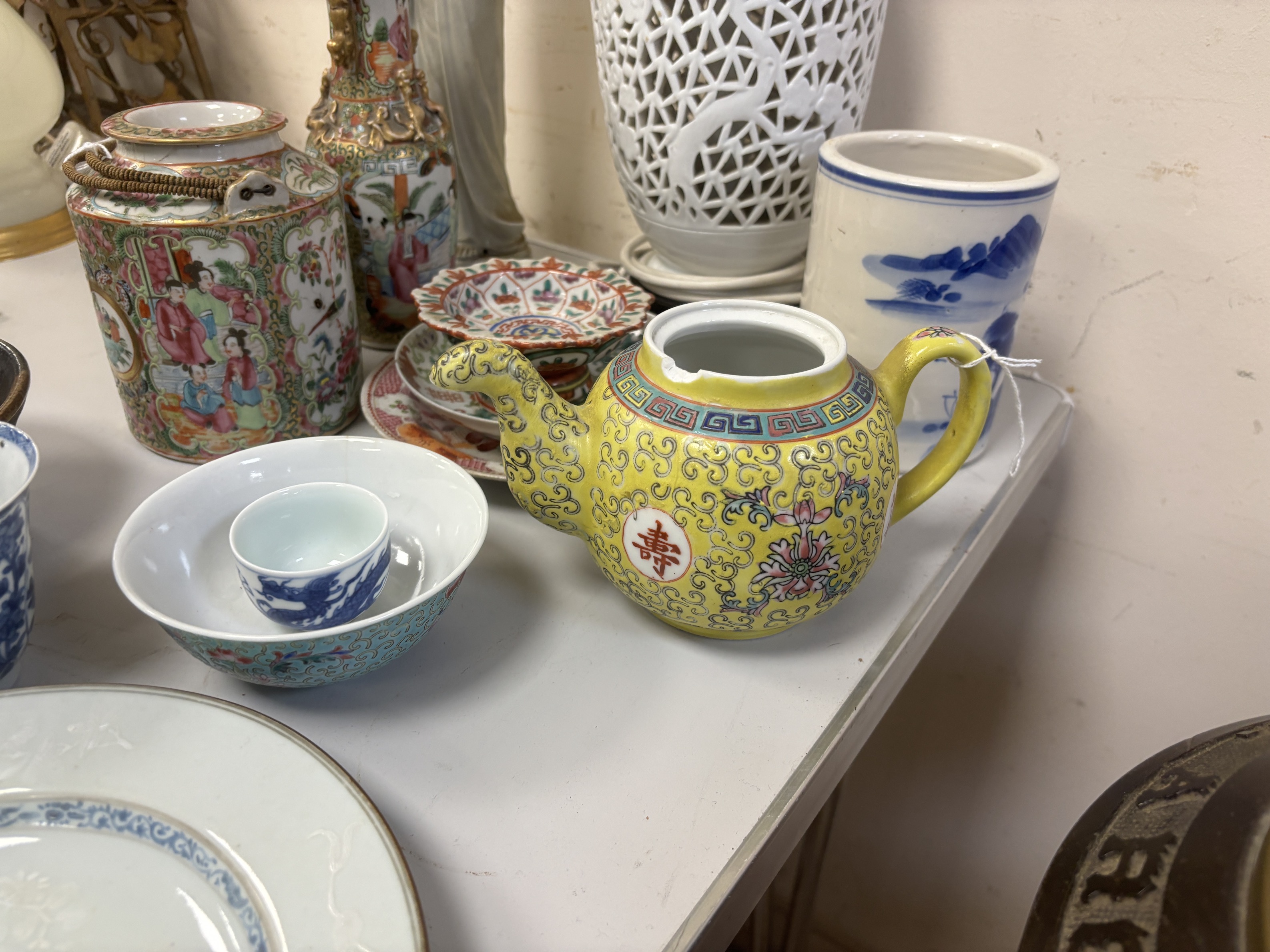 Various Chinese ceramics including some Meiji items; a teapot, 13.5cm, three small dishes and a planter, a Chinese Jian type tenmonku bowl, a Chinese bianco sopra bianco plate, blue and white brush washer, a blanc de chi